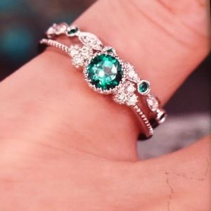 Fashion 925 Silver Round Cut Sapphire 2 Ring Set